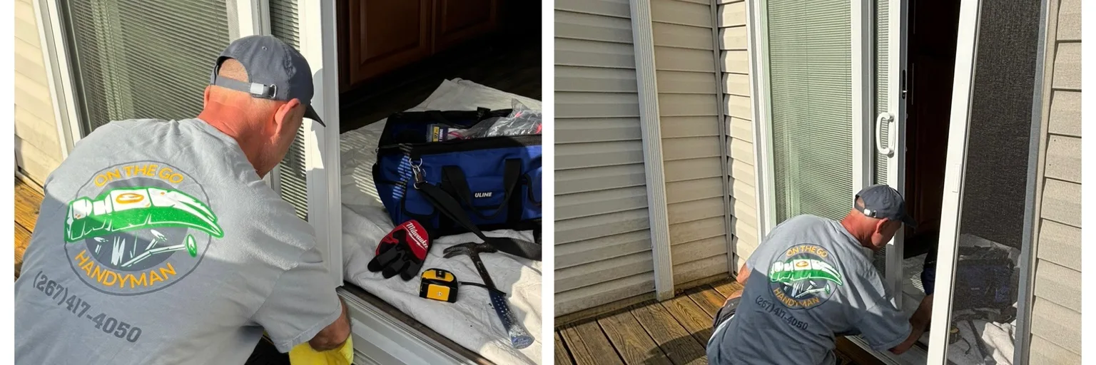 Handyman kneeling at an open sliding patio door, tools laid out on a drop cloth