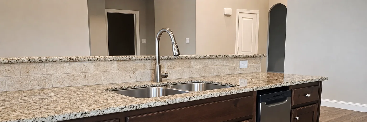 Brushed-nickel pull-down kitchen faucet at a stainless sink on a granite counter