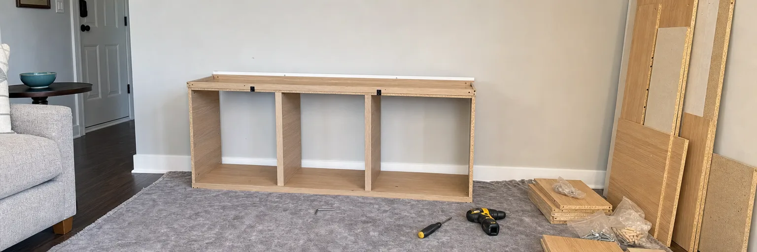 Flat-pack bookshelf part-assembled on a drop cloth with a drill and hardware laid out