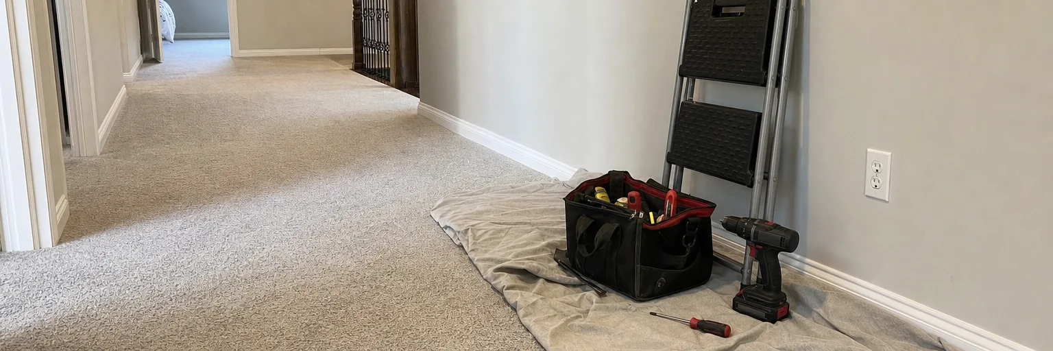 Tool bag, cordless drill and a step ladder on a drop cloth in a hallway