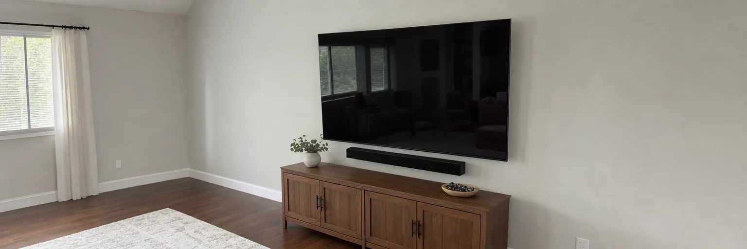 Large flat-screen television mounted level on a living-room wall above a sideboard