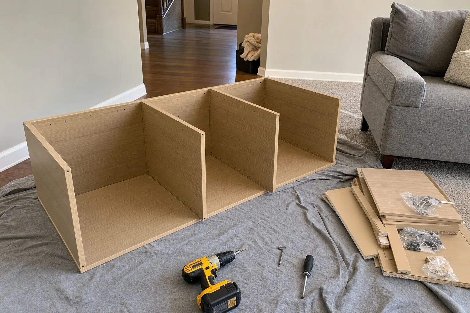 Flat-pack bookshelf part-assembled on a drop cloth with a drill, screwdriver and hardware laid out beside it