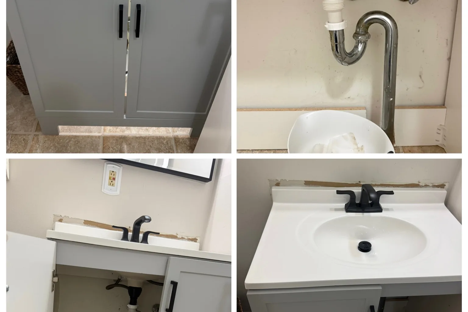 Bathroom vanity replacement in progress and finished — levelled cabinet, new supply lines and a new faucet fitted