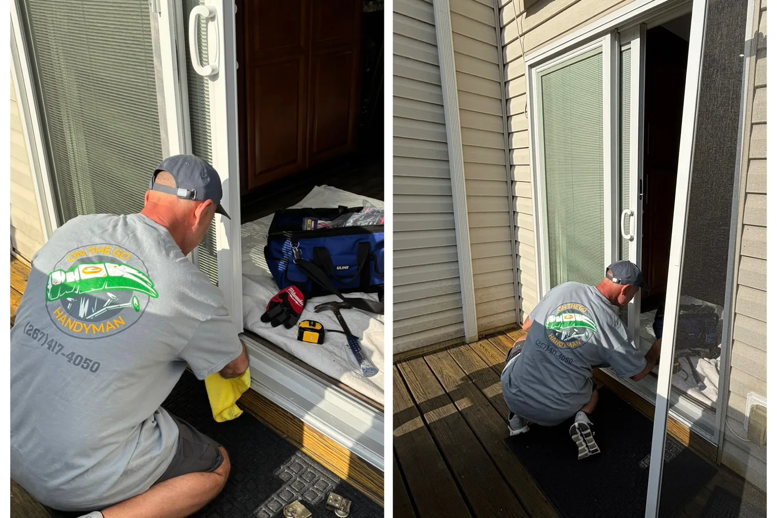 Handyman kneeling at an open sliding patio door, tools laid out on a drop cloth while the rollers are replaced